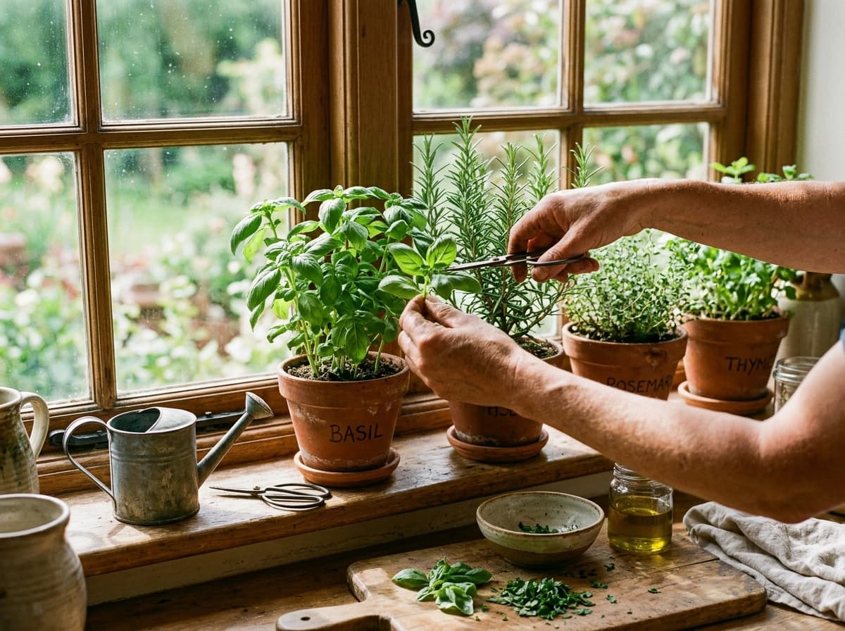 Hands picking fresh herbs from a sunlit kitchen windowsill garden