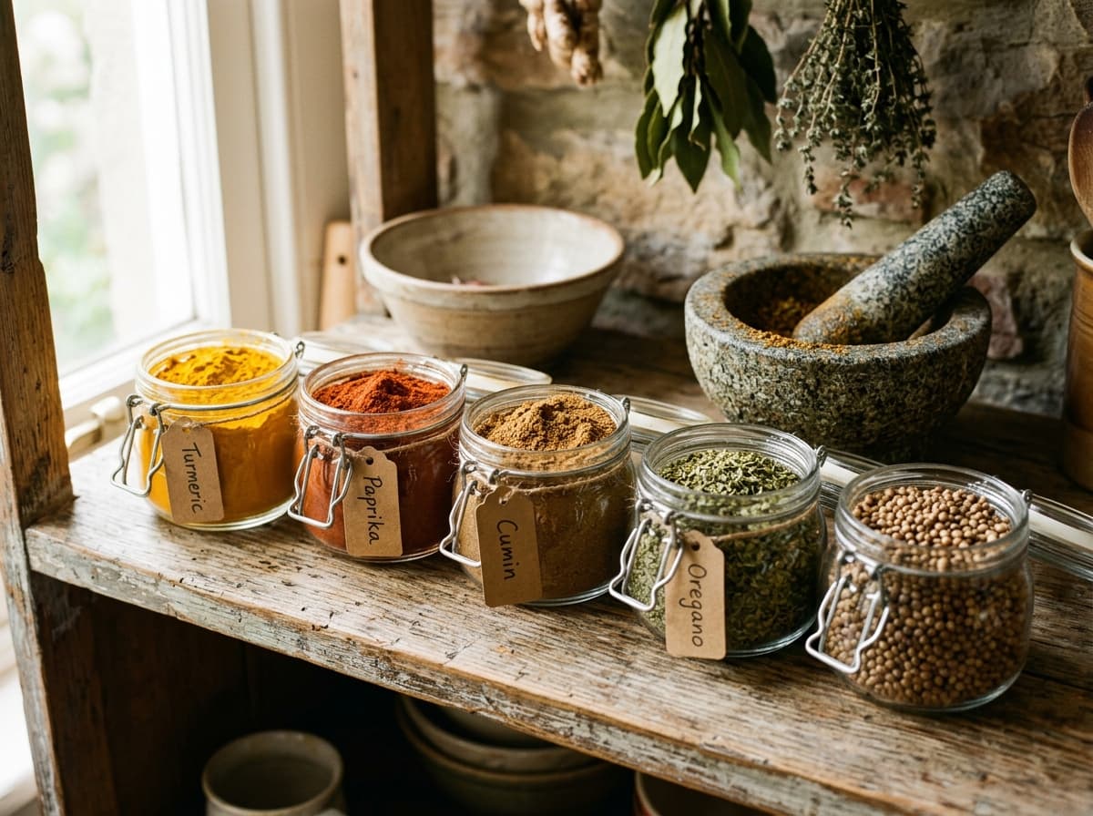 Open glass jars of colorful spices on a rustic wooden shelf
