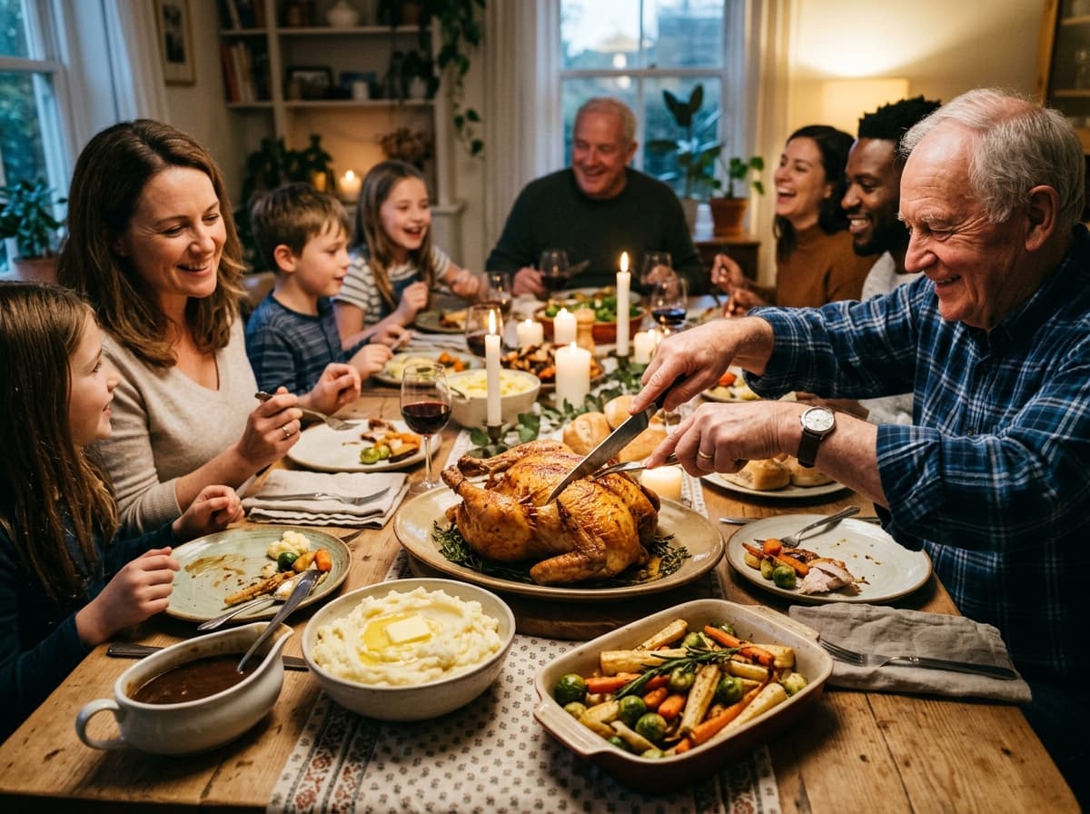 A golden roast being carved at a family dinner table