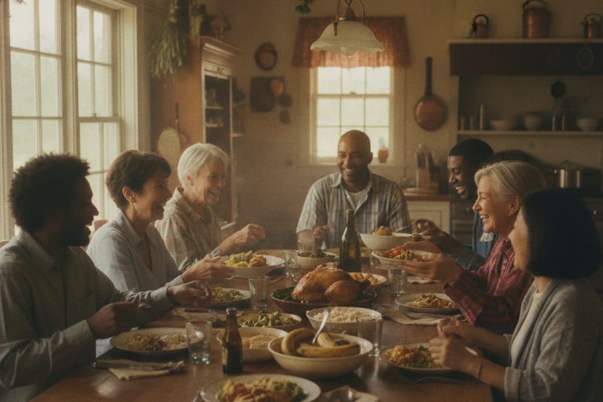 A joyful multi-generational family gathered around a warm kitchen table, cooking and sharing a meal together