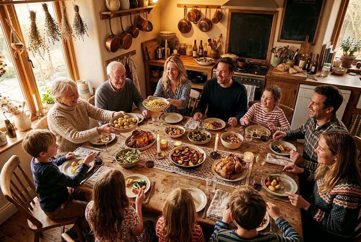 A multi-generational family gathered around a warm kitchen table, cooking and sharing a meal together